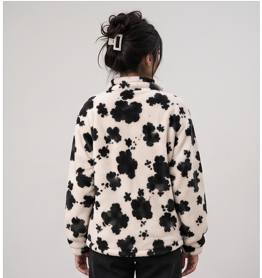 Women's Cozy Cow Print Fleece Jacket | Stand Collar Winter Outerwear with Heart Zipper