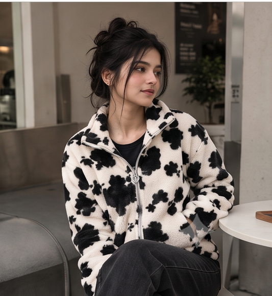 Women's Cozy Cow Print Fleece Jacket | Stand Collar Winter Outerwear with Heart Zipper