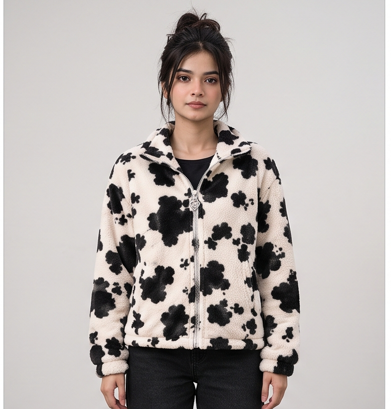 Women's Cozy Cow Print Fleece Jacket | Stand Collar Winter Outerwear with Heart Zipper