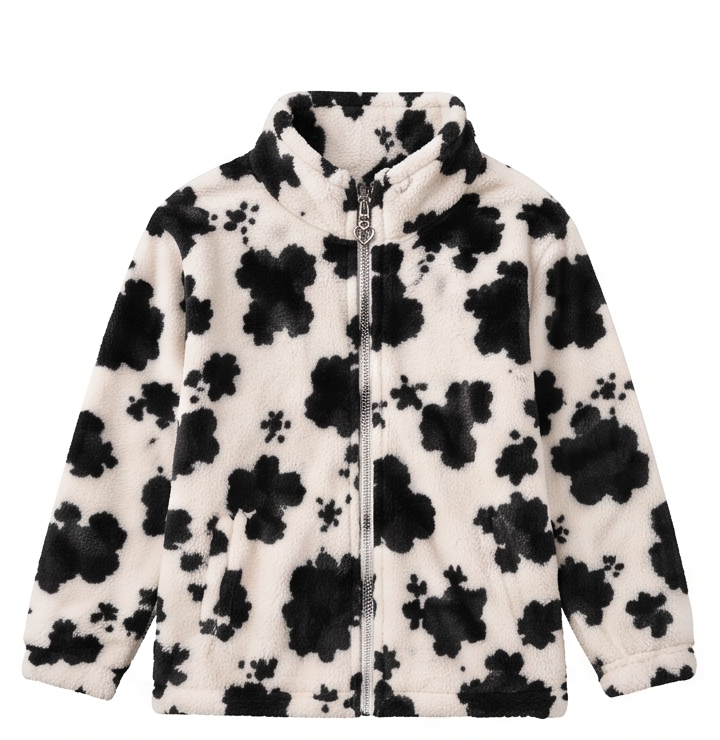 Women's Cozy Cow Print Fleece Jacket | Stand Collar Winter Outerwear with Heart Zipper