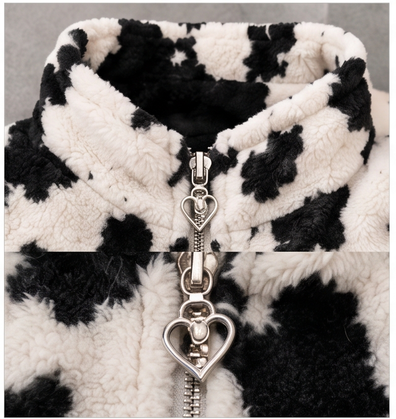 Women's Cozy Cow Print Fleece Jacket | Stand Collar Winter Outerwear with Heart Zipper
