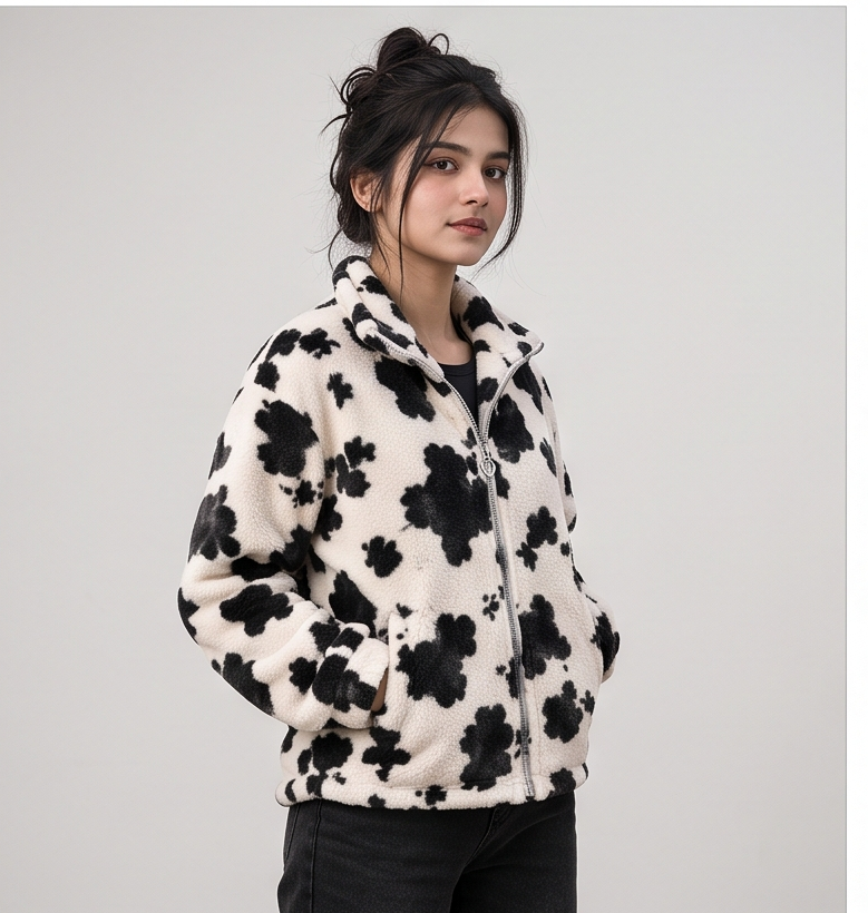 Women's Cozy Cow Print Fleece Jacket | Stand Collar Winter Outerwear with Heart Zipper